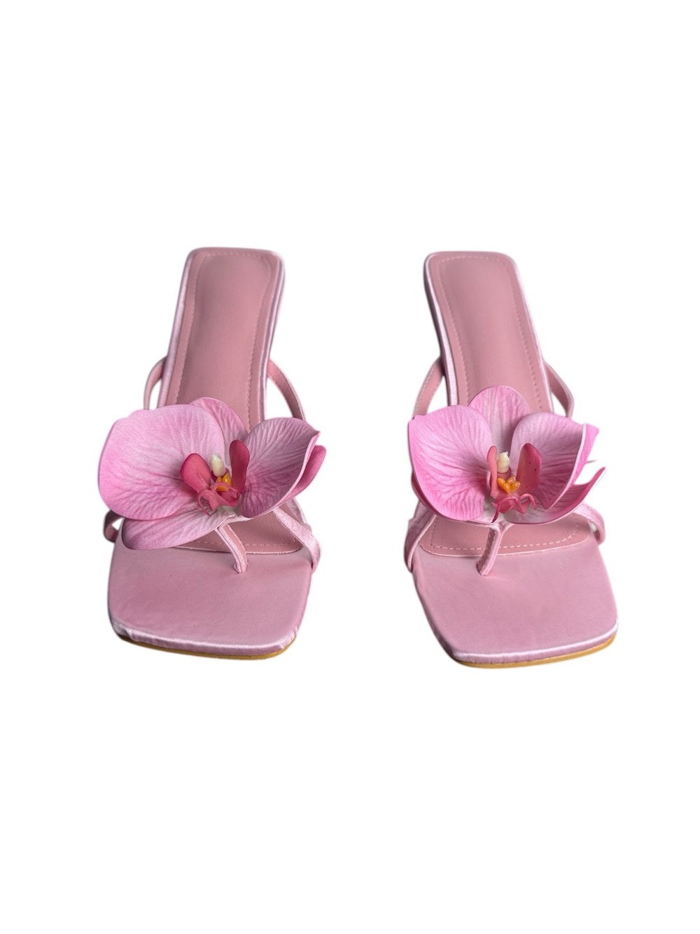 Pink Satin Flower Heels Square Toe Mule Sandals Size 40 - Picture 2 of 9